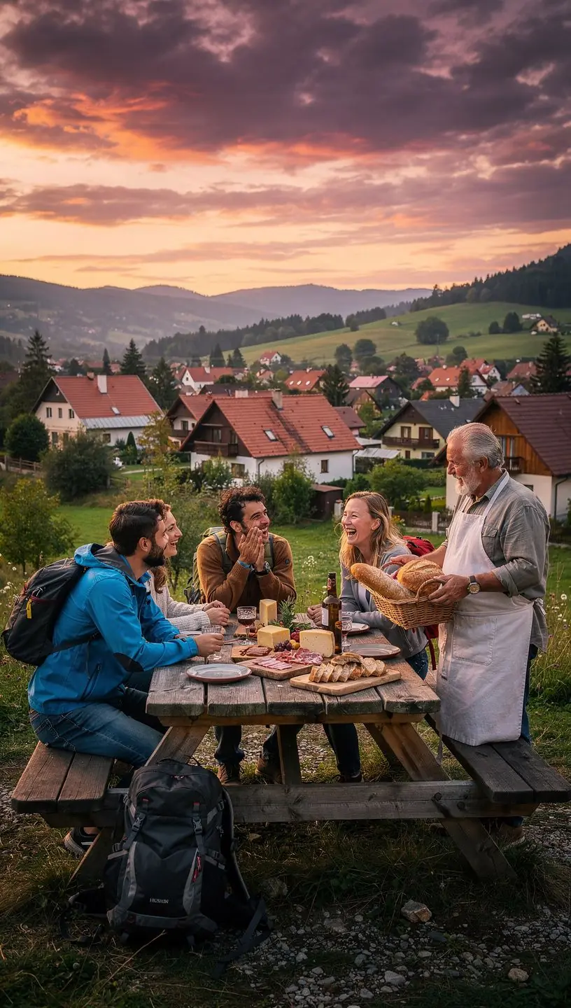 An aerial view of a serene landscape featuring rolling hills and small settlements, emphasizing the peaceful atmosphere of Slovakia’s rural areas.